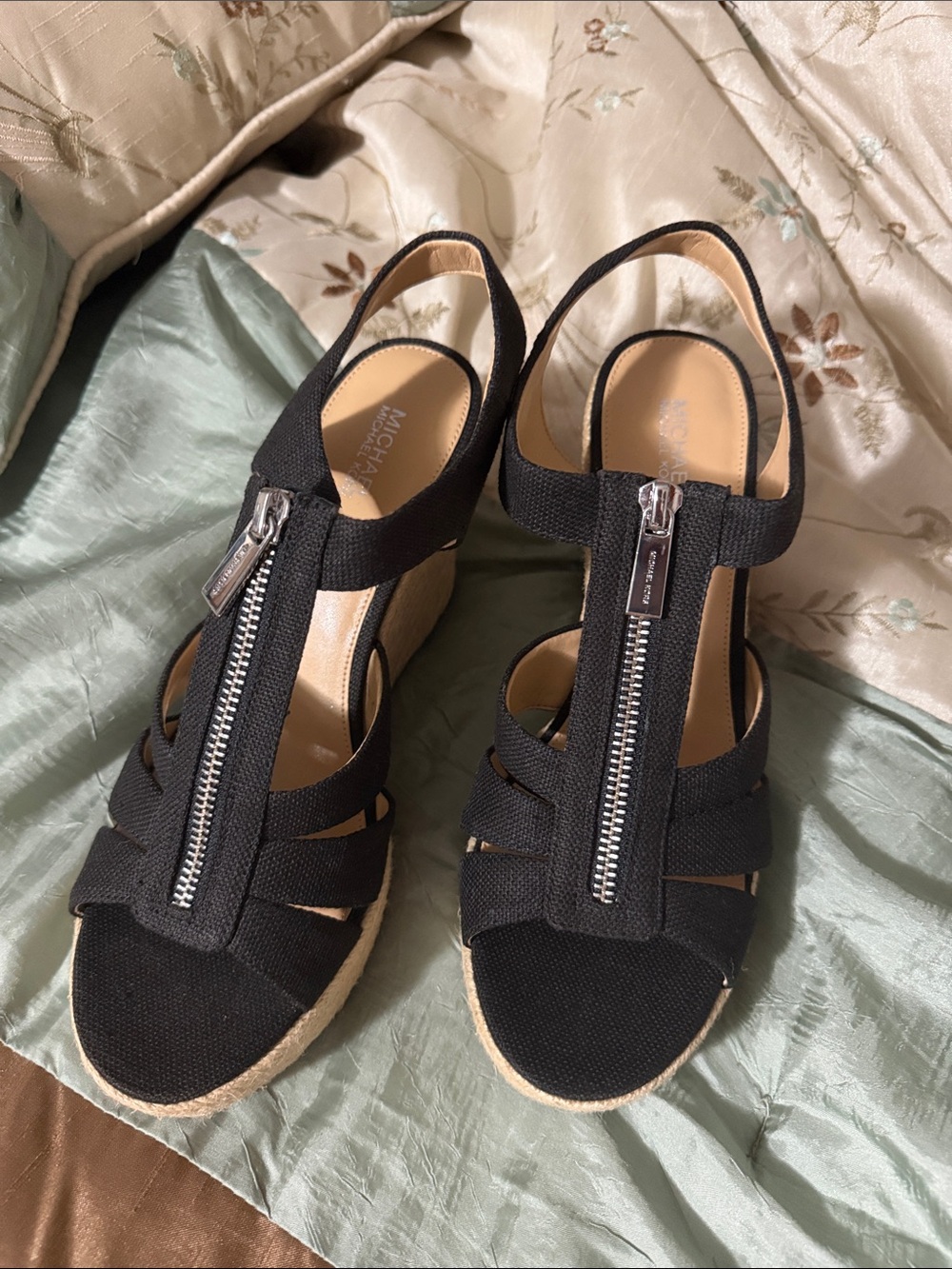 Michael Kors Black Canvas Espadrille Wedge Sandals with Front Zipper Detail